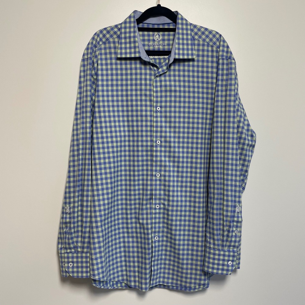 Bugatchi Uomo Mens Blue Green Gingham Check Long Sleeve Dress Shirt Size XL 17